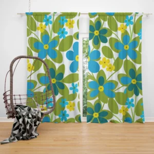 Blue Flowers Yellow Small Flowers Spring Pattern Curtain