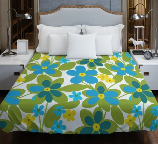 Blue Flowers Yellow Small Flowers Spring Pattern Duvet Cover