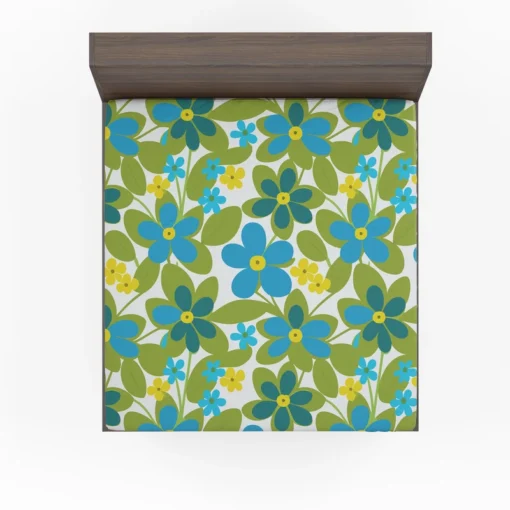 Blue Flowers Yellow Small Flowers Spring Pattern Fitted Sheet