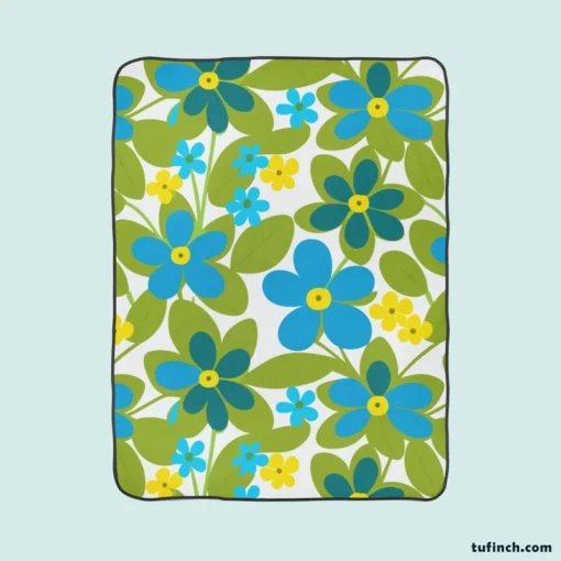 Blue Flowers Yellow Small Flowers Spring Pattern Fleece Blanket 1