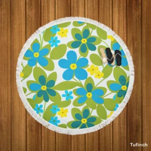 Blue Flowers Yellow Small Flowers Spring Pattern Round Beach Towel