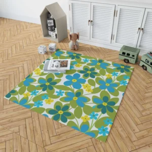 Blue Flowers Yellow Small Flowers Spring Pattern Rug 1