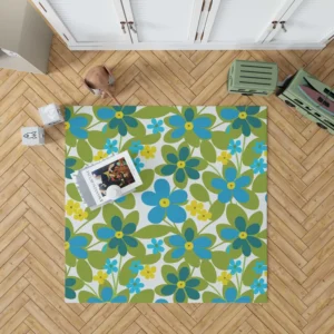 Blue Flowers Yellow Small Flowers Spring Pattern Rug