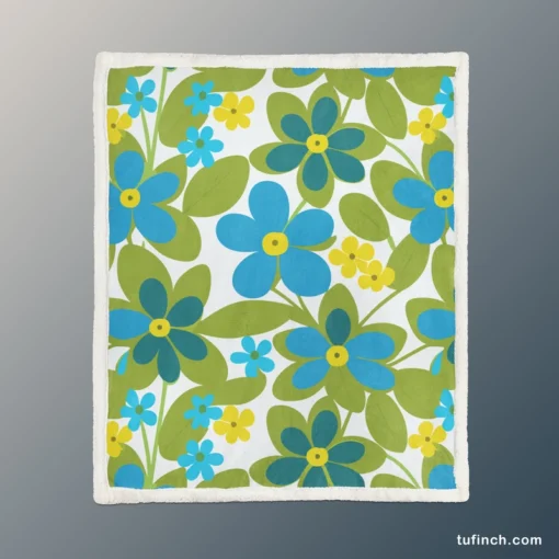 Blue Flowers Yellow Small Flowers Spring Pattern Sherpa Fleece Blanket 1