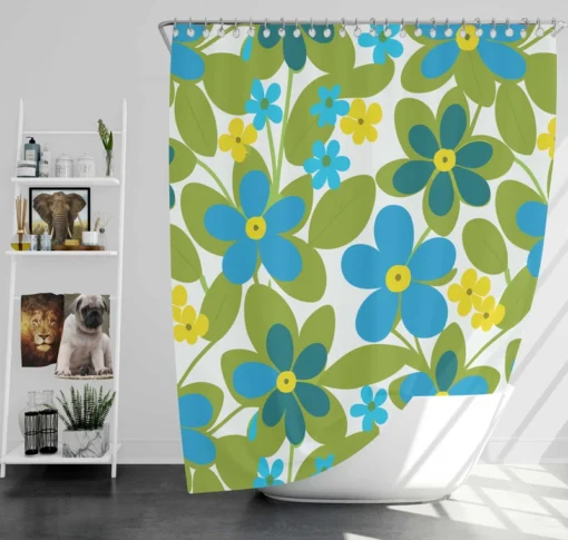 Blue Flowers Yellow Small Flowers Spring Pattern Shower Curtain