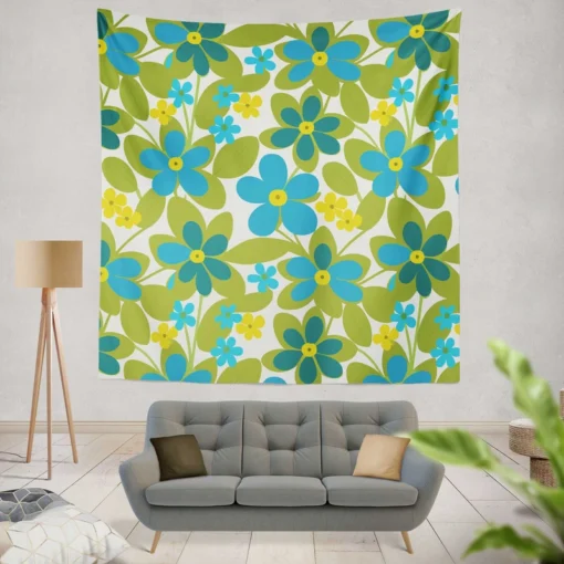 Blue Flowers Yellow Small Flowers Spring Pattern Wall Tapestry