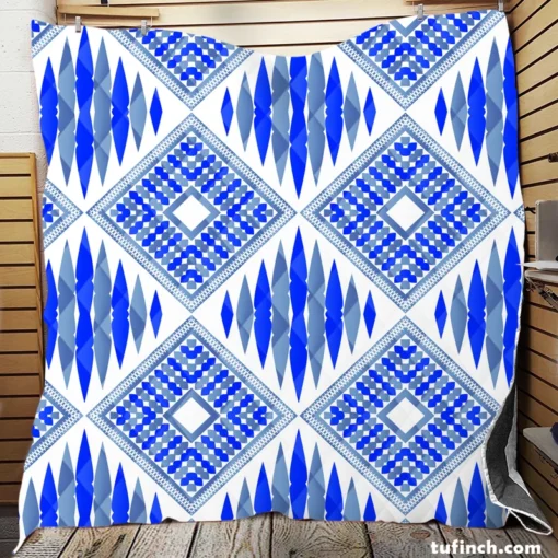 Blue Geometric Ikat Pattern Quilt Blanket