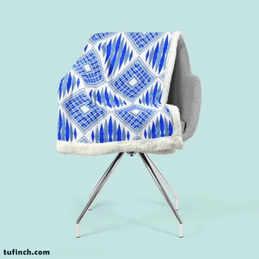 Blue Geometric Ikat Pattern Sherpa Fleece Blanket 2