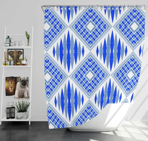 Blue Geometric Ikat Pattern Shower Curtain