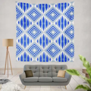 Blue Geometric Ikat Pattern Wall Tapestry