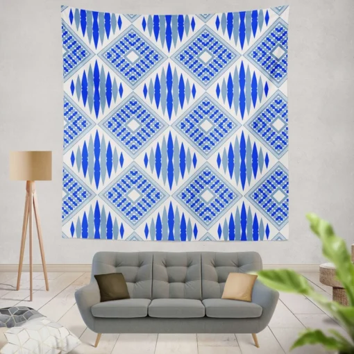 Blue Geometric Ikat Pattern Wall Tapestry