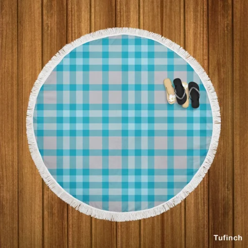 Blue Gingham Tartan Plaid Checkered Round Beach Towel