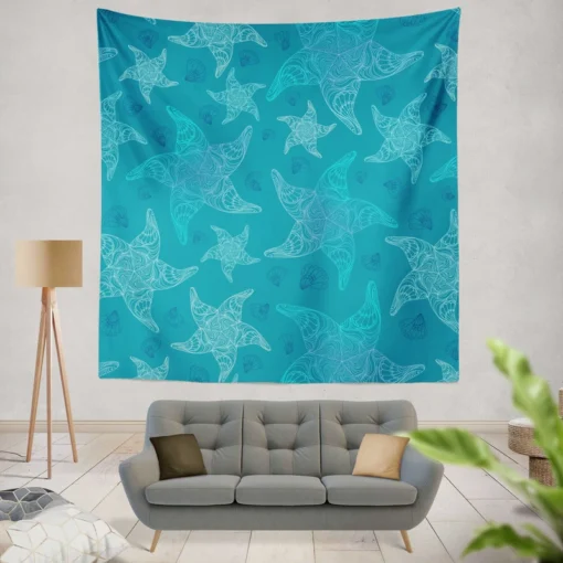 Blue Glowing Starfish Wall Tapestry