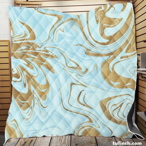 Blue Gold Liquid Marble Quilt Blanket