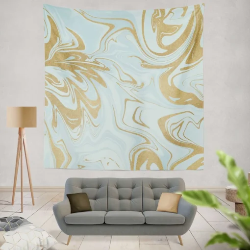 Blue Gold Liquid Marble Wall Tapestry