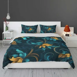 Blue Gold Seamless Floral Pattern Bedding Set 1