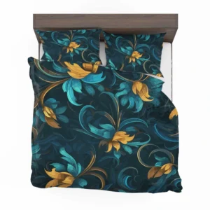 Blue Gold Seamless Floral Pattern Bedding Set 2