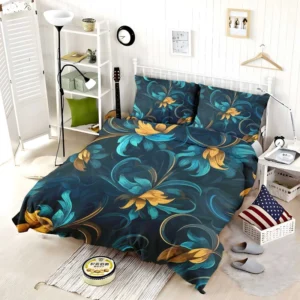 Blue Gold Seamless Floral Pattern Bedding Set