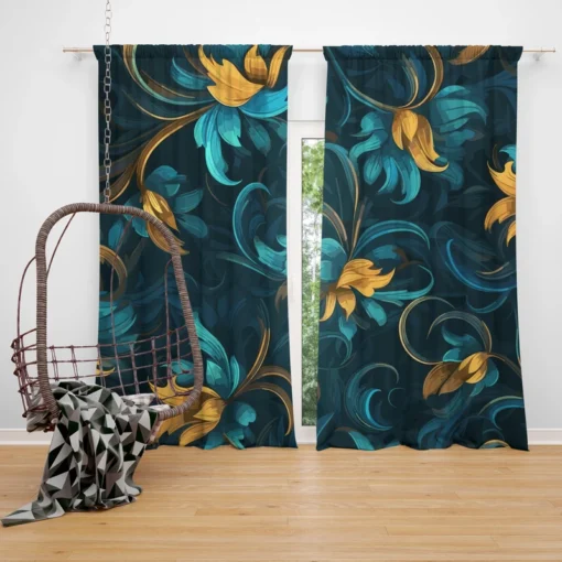 Blue Gold Seamless Floral Pattern Curtain