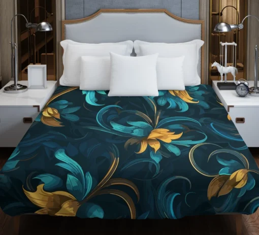 Blue Gold Seamless Floral Pattern Duvet Cover