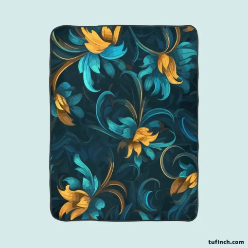 Blue Gold Seamless Floral Pattern Fleece Blanket 1