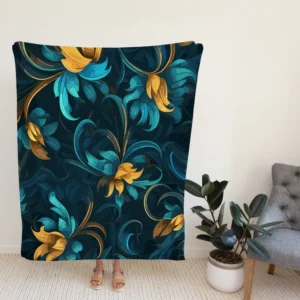 Blue Gold Seamless Floral Pattern Fleece Blanket