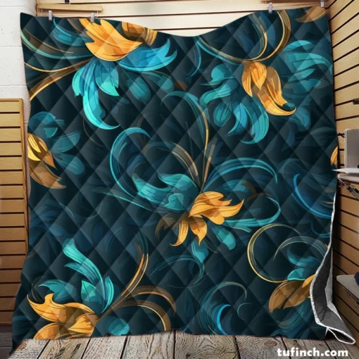 Blue Gold Seamless Floral Pattern Quilt Blanket