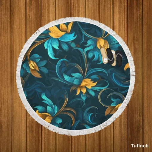 Blue Gold Seamless Floral Pattern Round Beach Towel