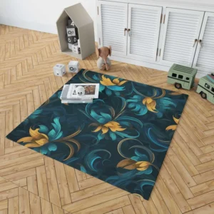 Blue Gold Seamless Floral Pattern Rug 1