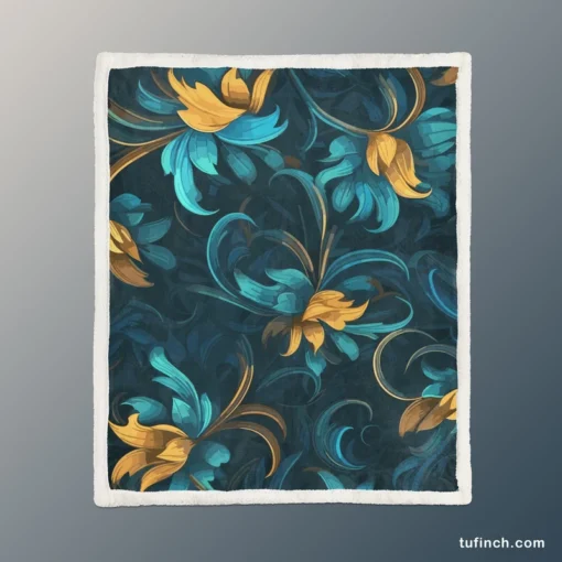 Blue Gold Seamless Floral Pattern Sherpa Fleece Blanket 1