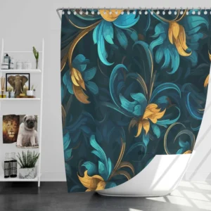 Blue Gold Seamless Floral Pattern Shower Curtain