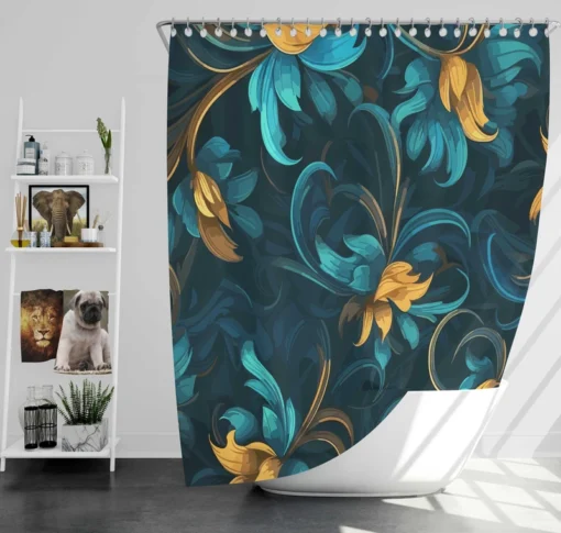 Blue Gold Seamless Floral Pattern Shower Curtain