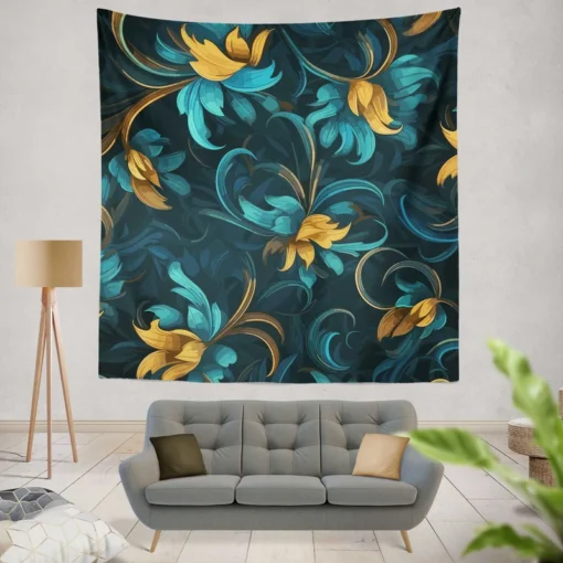 Blue Gold Seamless Floral Pattern Wall Tapestry