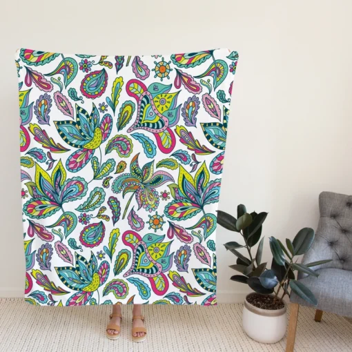 Blue Green Indian Floral Paisley Fleece Blanket