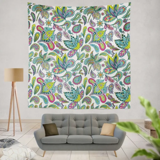 Blue Green Indian Floral Paisley Wall Tapestry