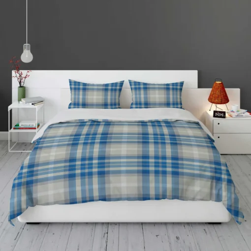 Blue Grey Check Plaid Bedding Set 1