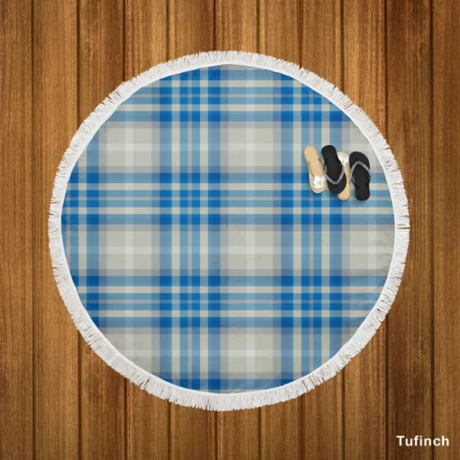 Blue Grey Check Plaid Round Beach Towel