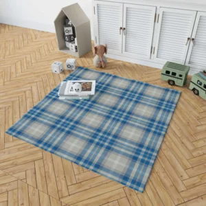 Blue Grey Check Plaid Rug 1