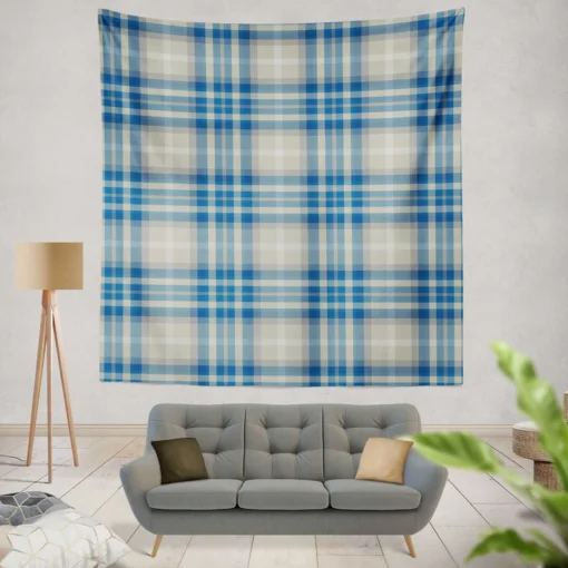 Blue Grey Check Plaid Wall Tapestry