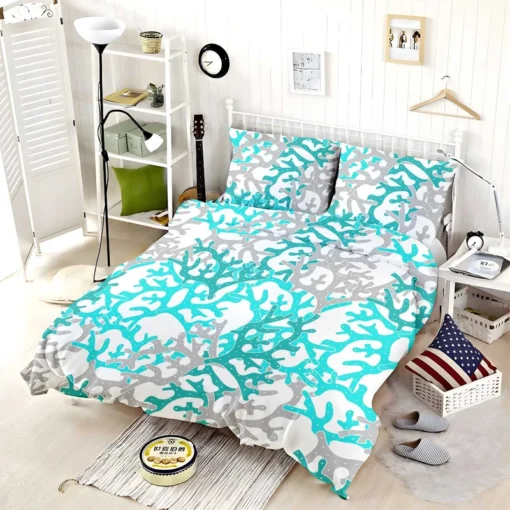 Blue Grey Coral Reef Pattern Bedding Set