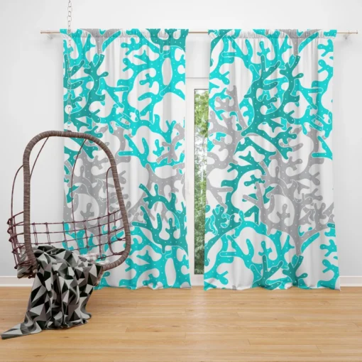 Blue Grey Coral Reef Pattern Curtain