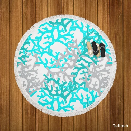 Blue Grey Coral Reef Pattern Round Beach Towel