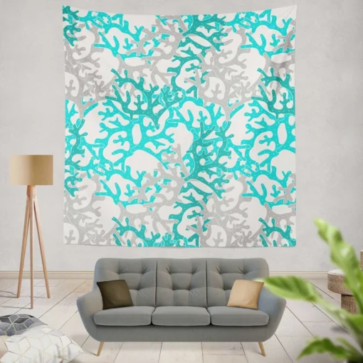 Blue Grey Coral Reef Pattern Wall Tapestry