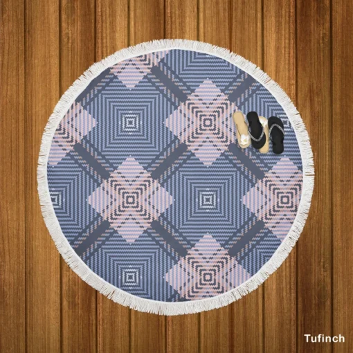 Blue Grey Plaid Pattern Round Beach Towel