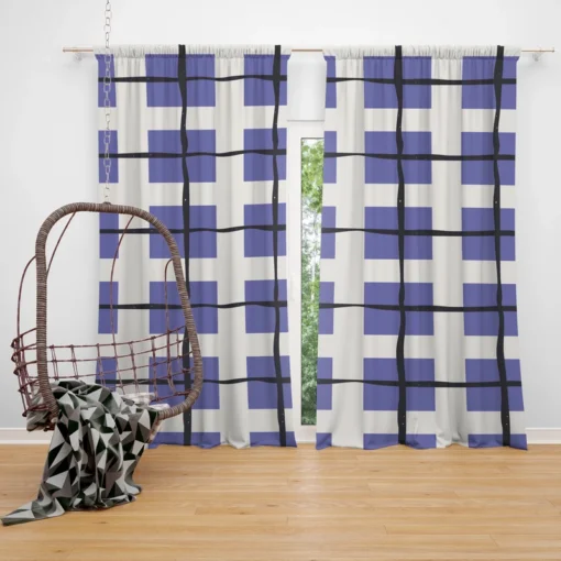 Blue Grid Pattern Square Plaid Curtain