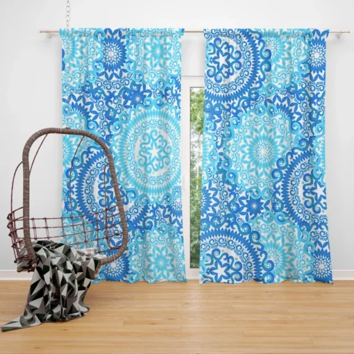 Blue Ice Blue Mandala Circle Pattern Curtain