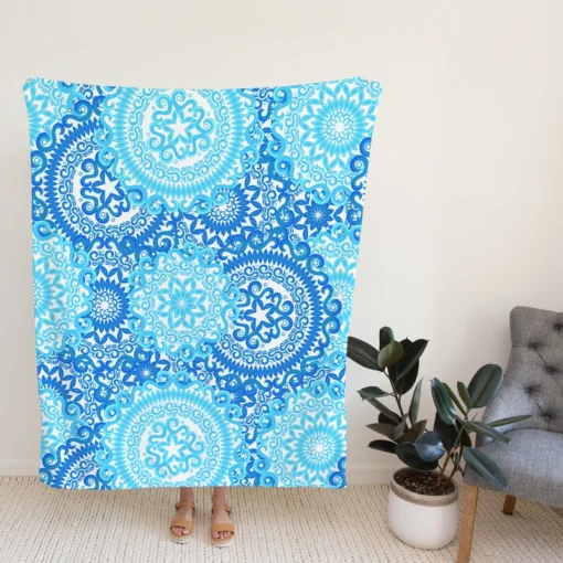 Blue Ice Blue Mandala Circle Pattern Fleece Blanket