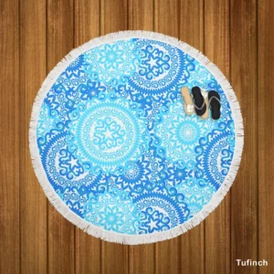 Blue Ice Blue Mandala Circle Pattern Round Beach Towel