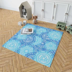 Blue Ice Blue Mandala Circle Pattern Rug 1