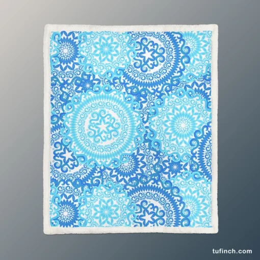 Blue Ice Blue Mandala Circle Pattern Sherpa Fleece Blanket 1